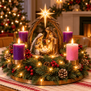 Arranjo de Mesa com 4 Velas e LED, Presépio Sagrada Família e Estrela de Belém